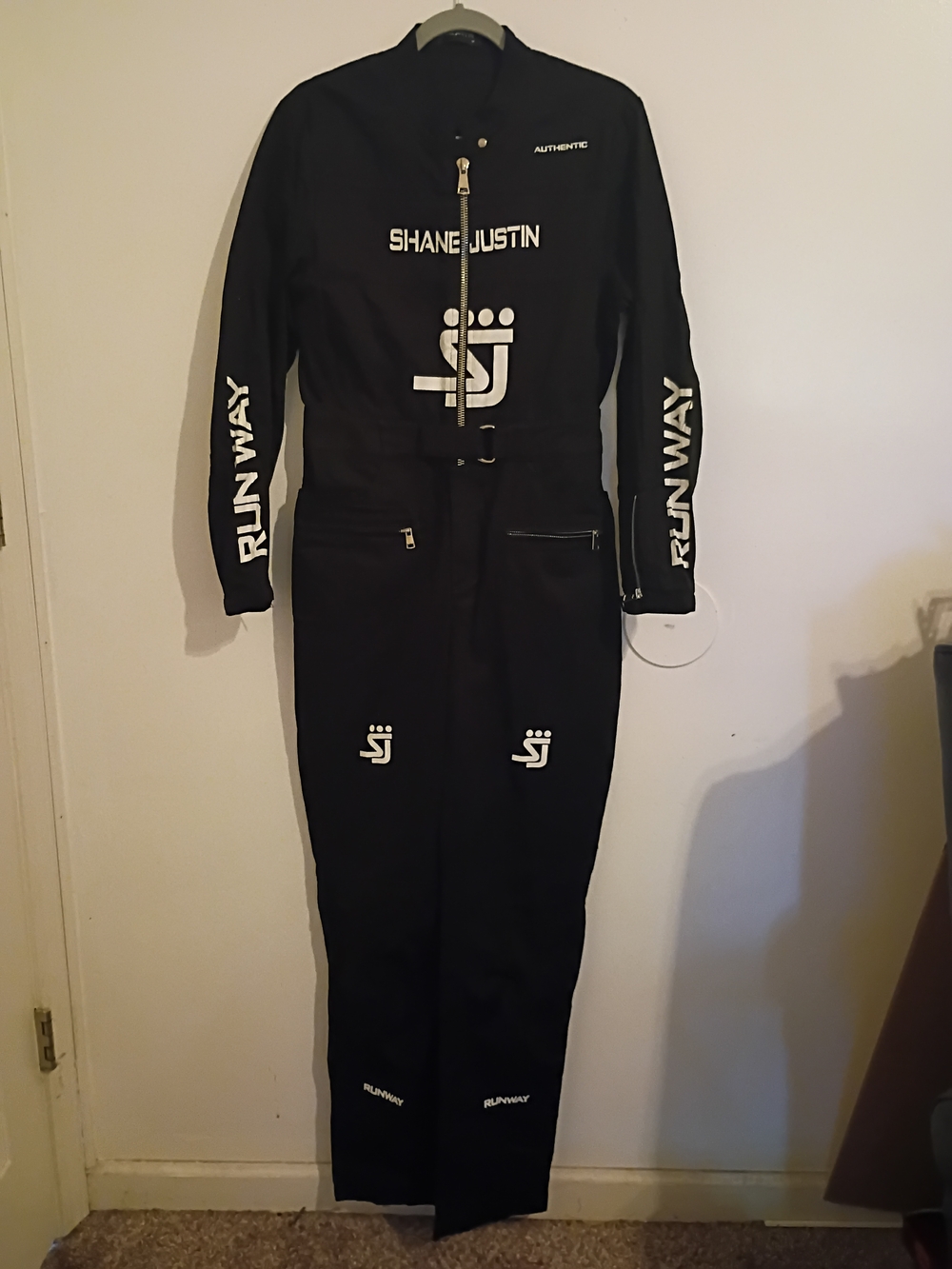 Shane Justin Women's Black Logo‎ Zip-Front Jumpsuit Sz M